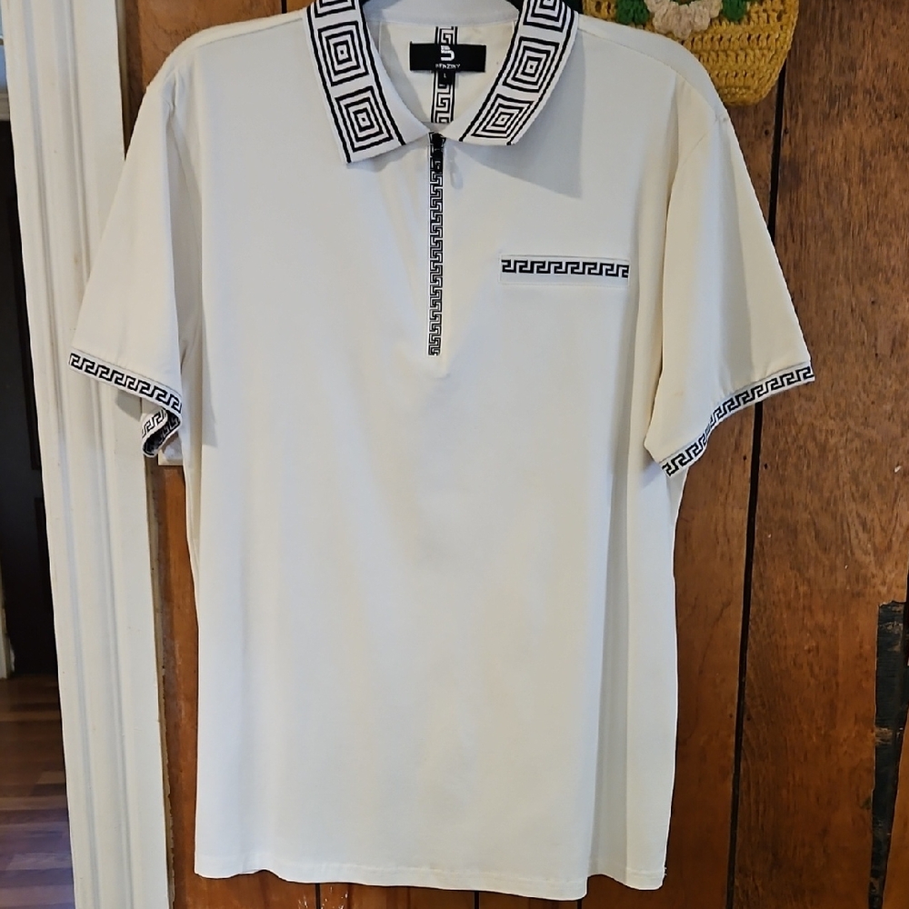 White Short-Sleeve Polo with Contrasting Black Geometric Trim